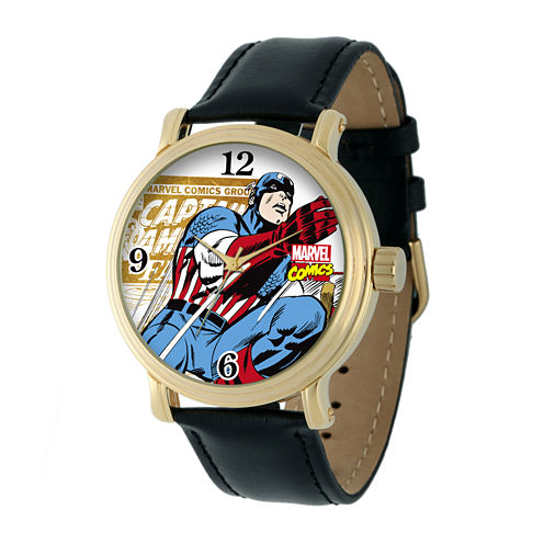 Marvel® Vintage Captain America Mens Black Leather Strap Watch