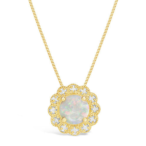 Womens Diamond Accent Lab Created White Opal 14K Gold Over Silver Pendant Necklace