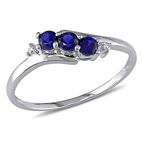 Womens Diamond Accent Lab Created Round Blue Sapphire 10K Gold 3-Stone Ring