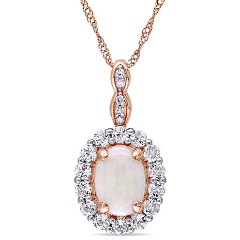 Womens Diamond Accent Genuine Pink Opal 14K Gold Pendant Necklace