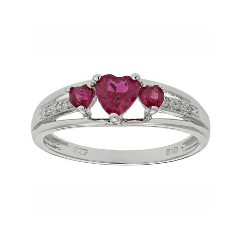 Lab-Created Ruby & Diamond-Accent Heart-Shaped 3-Stone Sterling Silver Ring