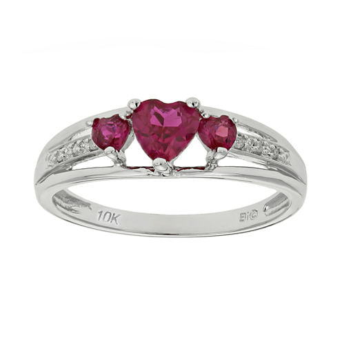 Lab-Created Ruby & Diamond-Accent Heart-Shaped 3-Stone 10K White Gold Ring