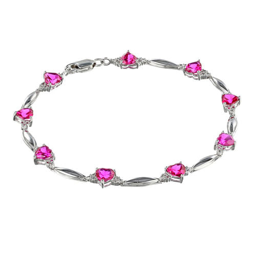 Lab-Created Pink Sapphire Heart-Shaped Sterling Silver Bracelet