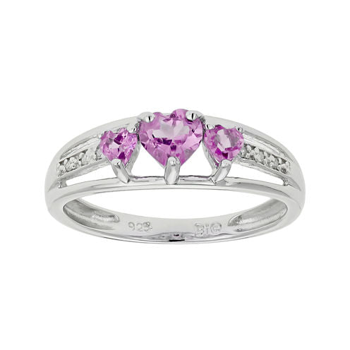 Lab-Created Pink Sapphire Heart-Shaped 3-Stone Sterling Silver Ring