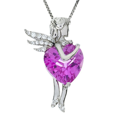 Lab-Created Pink and White Sapphire Fairy Sterling Silver Pendant Necklace