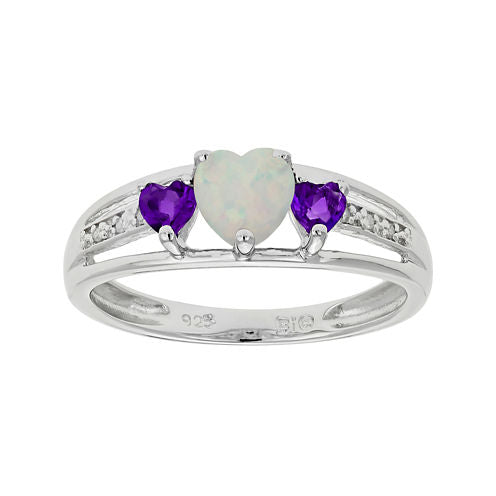 Lab-Created Opal & Genuine Amethyst Heart-Shaped Sterling Silver Ring