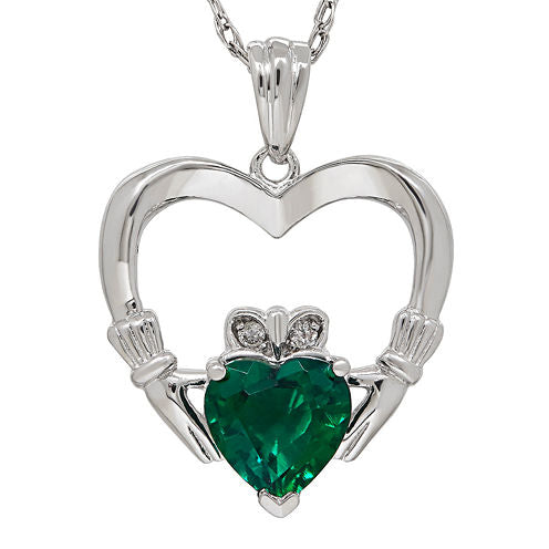 Lab-Created Emerald and Diamond-Accent Claddagh Heart Pendant Necklace