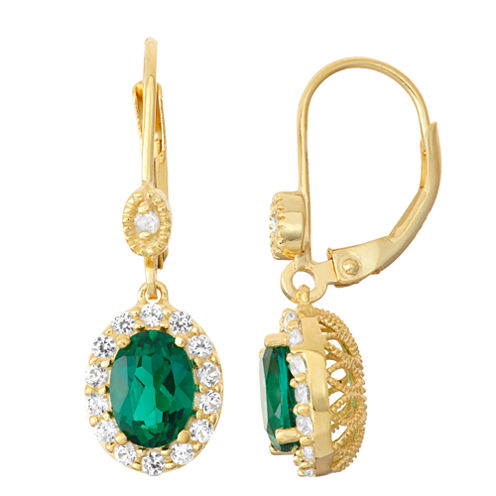 Lab-Created Emerald & White Sapphire Diamond Accent 14K Gold Over Silver Leverback Earrings