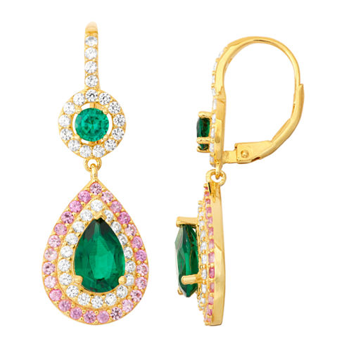 Lab-Created Emerald & Pink Sapphire Sterling Silver Leverback Earrings