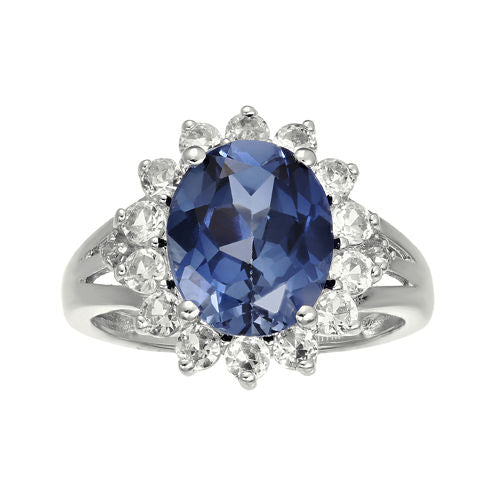 Lab-Created Blue and White Sapphire Sterling Silver Starburst Ring