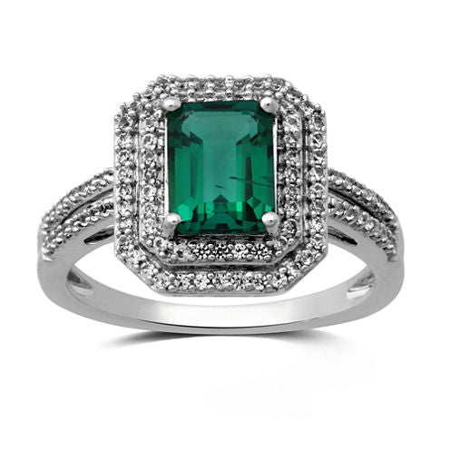 Lab Created Green Emerald Sterling Silver Cocktail Ring