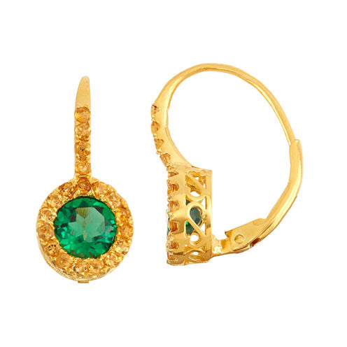 Lab Created Emerald & Genuine Citrine 14K Gold Over Silver Leverback Earring