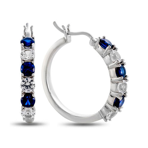 Lab Created Blue & White Sapphire Hoop Earrings In Sterling Silver