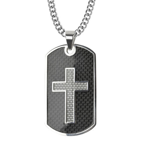 Inox® Mens Black Stainless Steel Cross Dog Tag Pendant Necklace