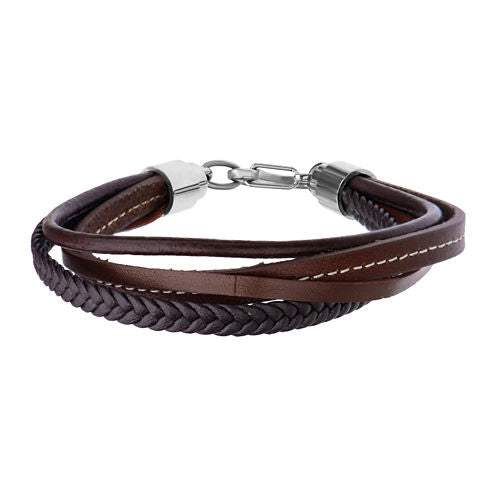 Inox® Jewelry Mens Stainless Steel & Leather Layered Bracelet