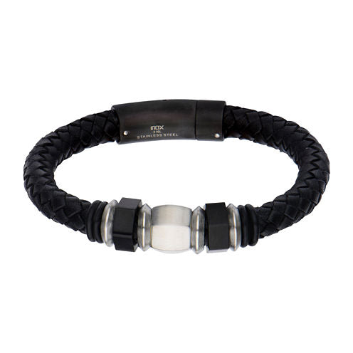 Inox® Jewelry Mens Stainless Steel & Black IP Leather Bracelet