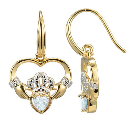 Heart-Shaped Genuine Aquamarine and Diamond-Accent Claddagh Earrings