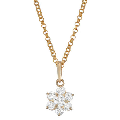 Girls White Cubic Zirconia 10K Gold Flower Pendant Necklace