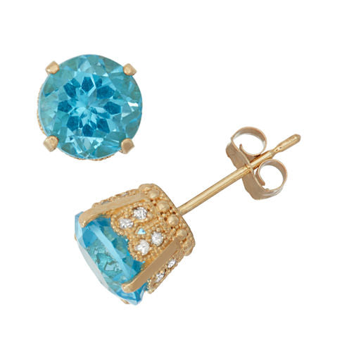 Genuine Swiss Blue Topaz And 1/6  C.T. T.W. Diamond 10K Yellow Gold Earrings