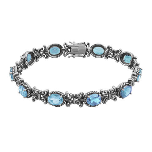 Genuine Sky Blue Topaz Oxidized Sterling Silver Tennis Bracelet