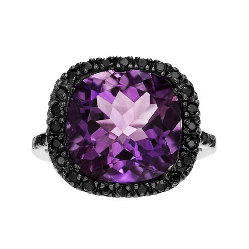 Genuine Purple Amethyst & Black Spinel Sterling Silver Ring