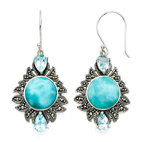 Genuine Larimar and Marcasite Sterling Silver Drop Earrings