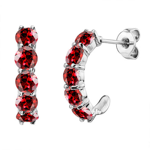 Genuine Garnet Sterling Silver J-Hoop Earrings