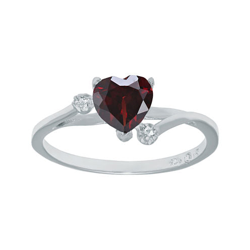 Genuine Garnet and White Topaz Sterling Silver Heart-Shaped Ring