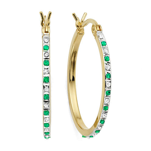 Genuine Emerald & Diamond Accent 18K Yellow Gold Over Silver Hoop Earrings