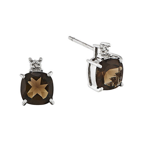 Genuine Brown Smoky Quartz and Diamond-Accent 14K White Gold Stud Earrings