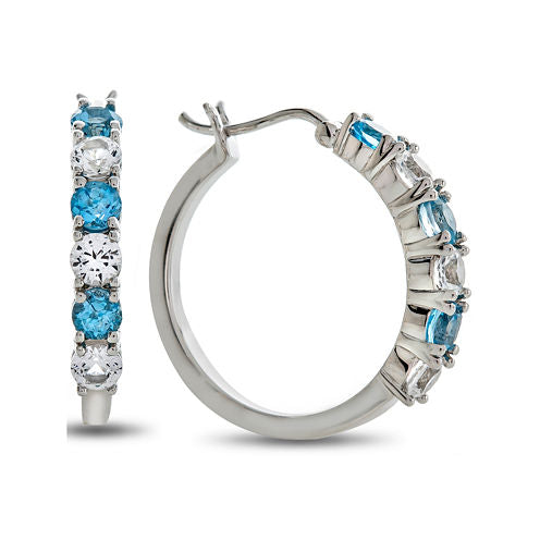 Genuine Blue Topaz And Lab Created White Sapphire Sterling Silver Hoop Earrings