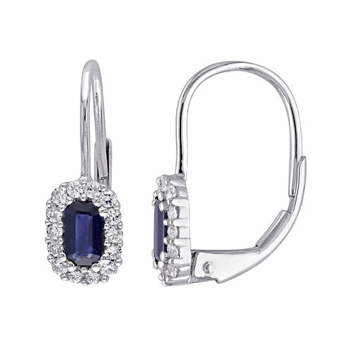 Genuine Blue and White Sapphire Halo Leverback Drop Earrings