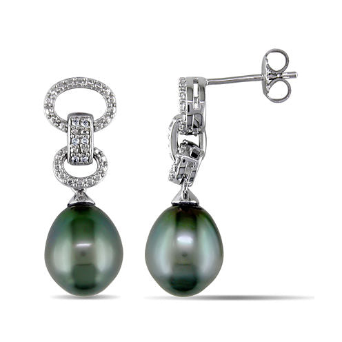 Genuine Black Tahitian Pearl & Diamond Accent Sterling Silver Earrings