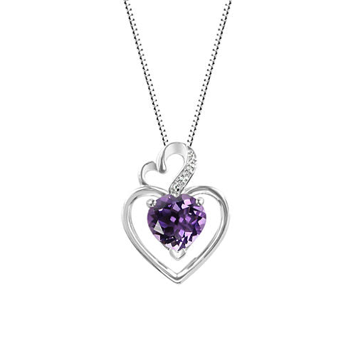 Genuine Amethyst Sterling Silver Double Heart Pendant Necklace