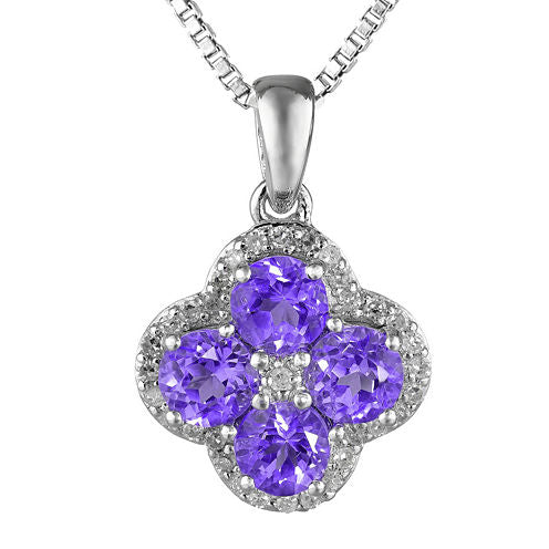 Genuine Amethyst and White Topaz Flower Sterling Silver Pendant Necklace