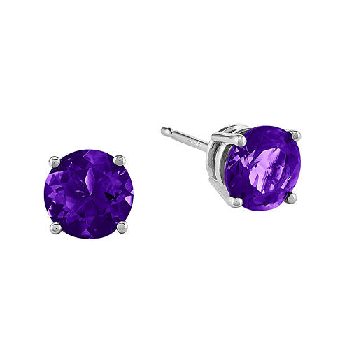 Genuine Amethyst 14K White Gold Round Stud Earrings