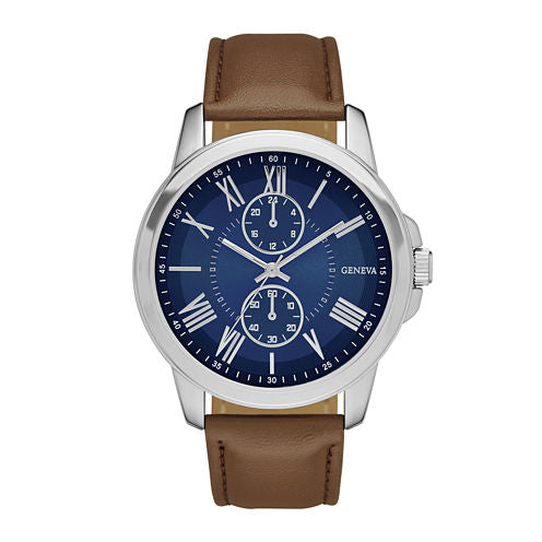 Geneva Mens Blue Dial Brown Strap Watch