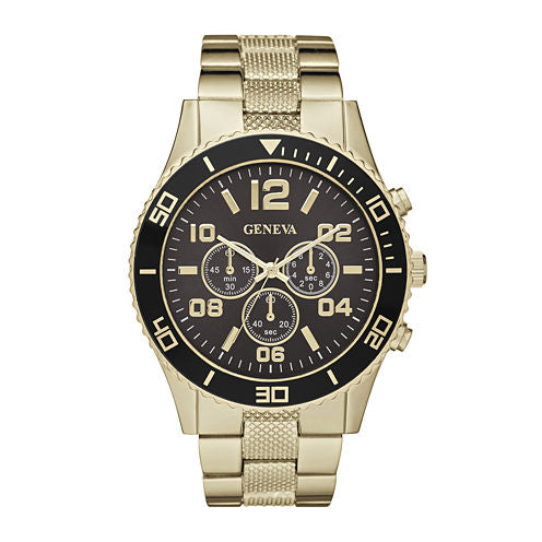 Geneva Mens Black Dial Gold-Tone Bracelet Watch