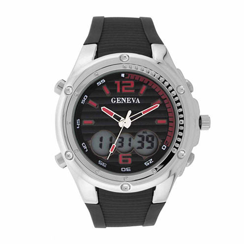 Geneva Mens Black and Silver-Tone Strap Watch