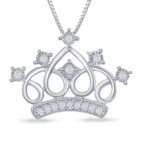 Enchanted Disney Fine Jewelry 1/10 C.T. T.W. "Cinderella" Tiara Pendant Necklace In Sterling Silver