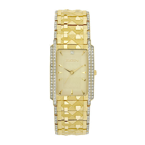 Elgin® Mens Gold-Tone & Crystal-Accent Rectangular Watch