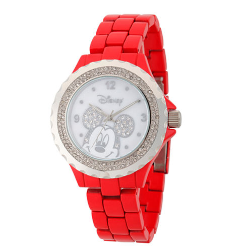 Disney® Womens Mickey Minnie Red And Silver ToneGlitz Bracelet Watch