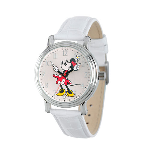 Disney Womens White And Silver Tone Vintage Minnie Mouse Strap Watch W002759