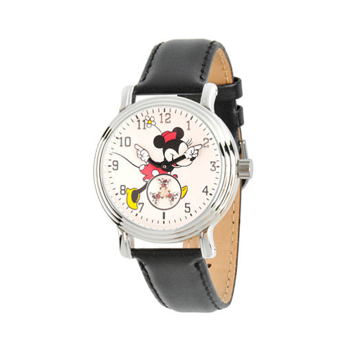 Disney Womens Black And Silver Tone Vintage Alloy Minnie Mouse Leather Strap Watch W002766