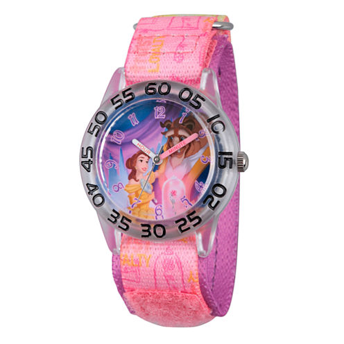 Disney Princess Girls Pink and Silver Tone Beauty and The Beast Time Teacher Strap Watch W002928