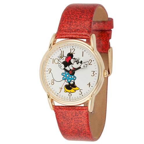 Disney Minnie Mouse Womens Red Strap Watch-Wds000412