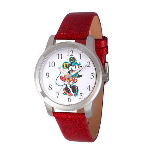 Disney Minnie Mouse Womens Red Strap Watch-Wds000263