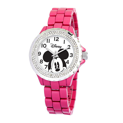 Disney Mickey Mouse Womens Pink Enamel Watch with Crystals