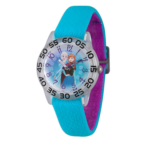 Disney Girls Frozen Elsa And Anna Blue And Silver Tone Time Teacher Strap Watches