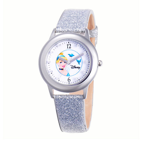 Disney Cinderella Glitz Tween Silver Leather Strap Watch